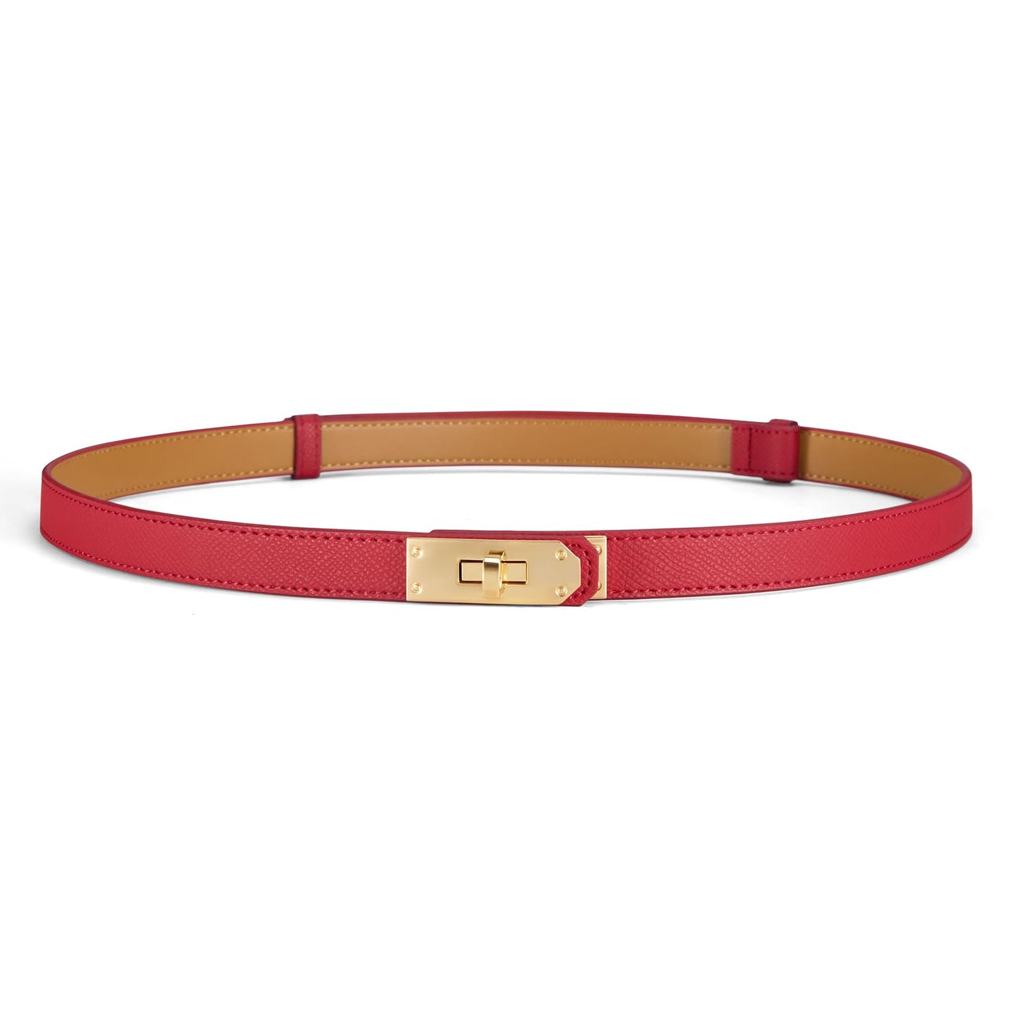 HOTWomen’s Skinny Leather Belt with Gold or Silver Turn-Lock Buckle – Adjustable Thin Belt for Dresses, Office & Wedding