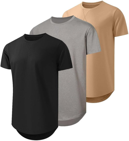 HOTJMIERR Mens 3 Pack Cotton Hipster Hip Hop Longline Crewneck T-Shirt