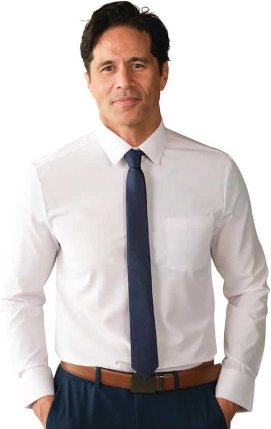 HOT&COLLAR Mens Long Sleeve White Dress Shirt, Slim and Athletic Fit | 4 way stretch, wrinkle resistant, breathable, recycled fabric blend, machine washable, office and church ready