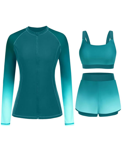HOTDaci 3 Piece Rash Guard Set with 3'' Shorts | UPF 50+ Sun Protection, Long Sleeve Swim Shirt, High Rise, Built-in Bra, Removable Pads, for Beach, Pool, and Surfing