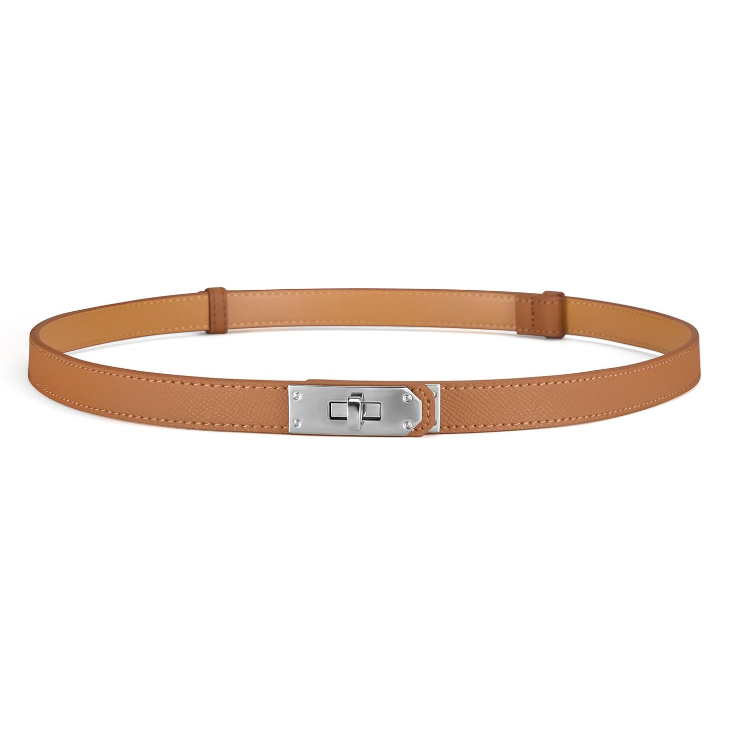 HOTWomen’s Skinny Leather Belt with Gold or Silver Turn-Lock Buckle – Adjustable Thin Belt for Dresses, Office & Wedding