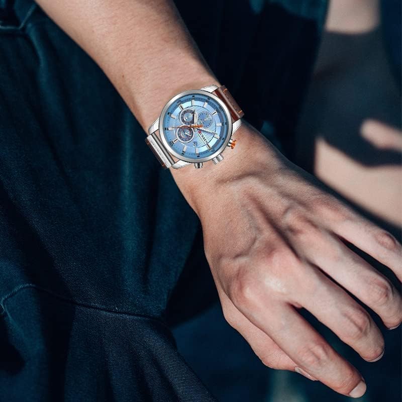 HOTFANMIS Mens Sport Military Analog Quartz Watch Chronograph Classic Casual Business Dress Waterproof Watch Multifunctional Wristwatch with Leather Strap