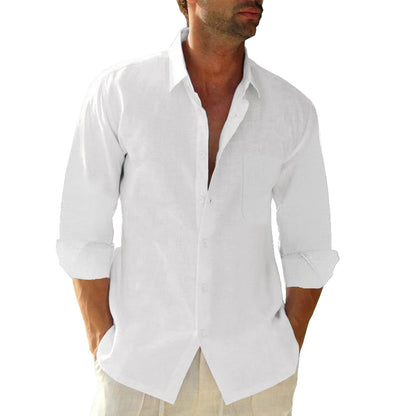 HOTJEKAOYI Button Down Linen Shirts for Men Casual Long Sleeve Regular Fit Cotton Beach Shirts with Pocket