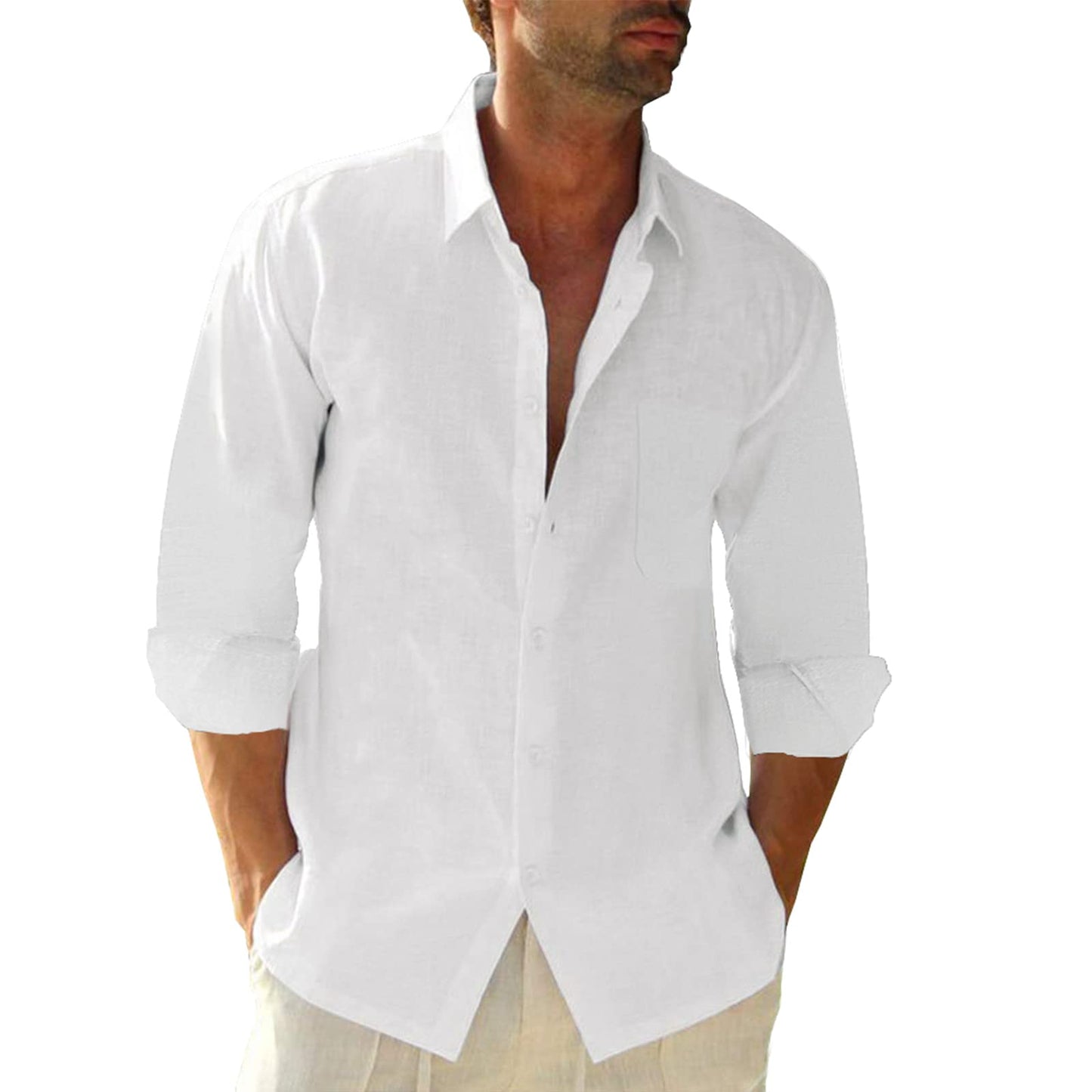 HOTJEKAOYI Button Down Linen Shirts for Men Casual Long Sleeve Regular Fit Cotton Beach Shirts with Pocket