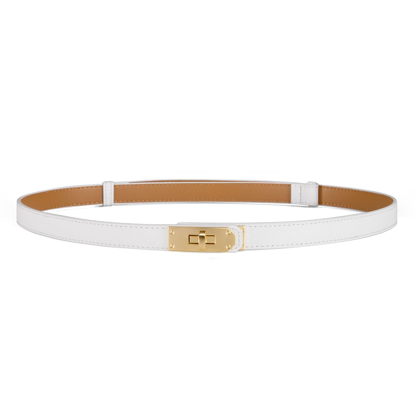 HOTWomen’s Skinny Leather Belt with Gold or Silver Turn-Lock Buckle – Adjustable Thin Belt for Dresses, Office & Wedding