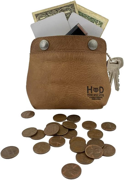 HOTHide & Drink, Leather Double Snap Pouch, Coin Purse, Cash & Card Holder, Cable Organizer, Makeup, Handmade Includes 101 Year Warranty (Single Malt Mahogany)