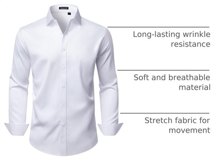 HOTMens Wrinkle Free Dress Shirts Regular Fit Business Button Down Shirt Formal Long Sleeve Wedding Stretch Shirts