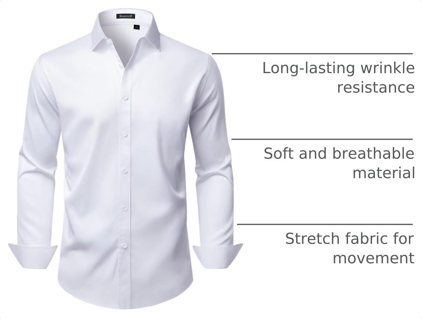 HOTMens Wrinkle Free Dress Shirts Regular Fit Business Button Down Shirt Formal Long Sleeve Wedding Stretch Shirts