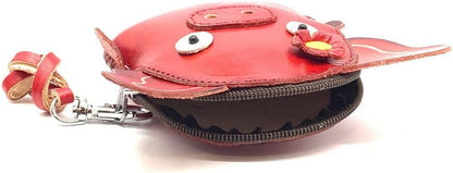 HOTVintage Genuine Leather 3D Animal Pig Coin Purse with keyring & Removable wrist strap (Red)