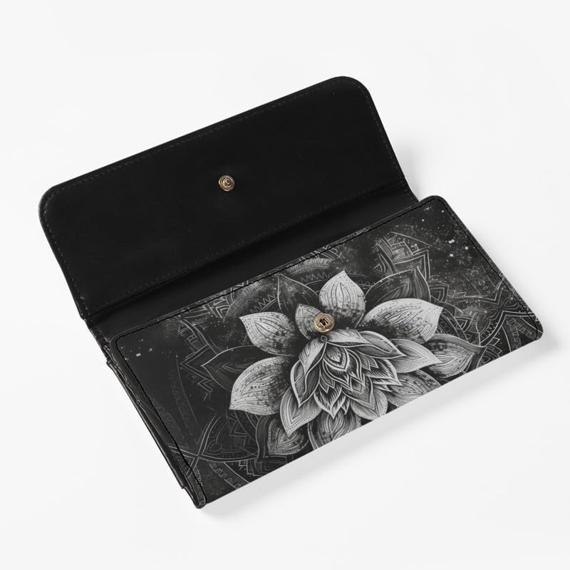 HOTLotus Mandala Women PU Leather Tri-fold Wallets Black And White Sketch Flower Zipper Pocket Buckle Money Manager Starry Sky Tall Billfold Secretary Cash Wallet