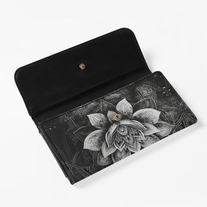 HOTLotus Mandala Women PU Leather Tri-fold Wallets Black And White Sketch Flower Zipper Pocket Buckle Money Manager Starry Sky Tall Billfold Secretary Cash Wallet