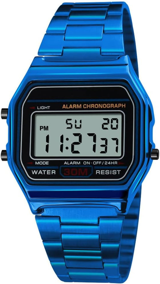 HOTPASOY Men's Digital Gold Stainless Steel Watch Backlit Multifunction Stopwatch Waterproof Sport Watches