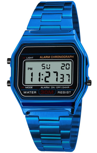 HOTPASOY Men's Digital Gold Stainless Steel Watch Backlit Multifunction Stopwatch Waterproof Sport Watches
