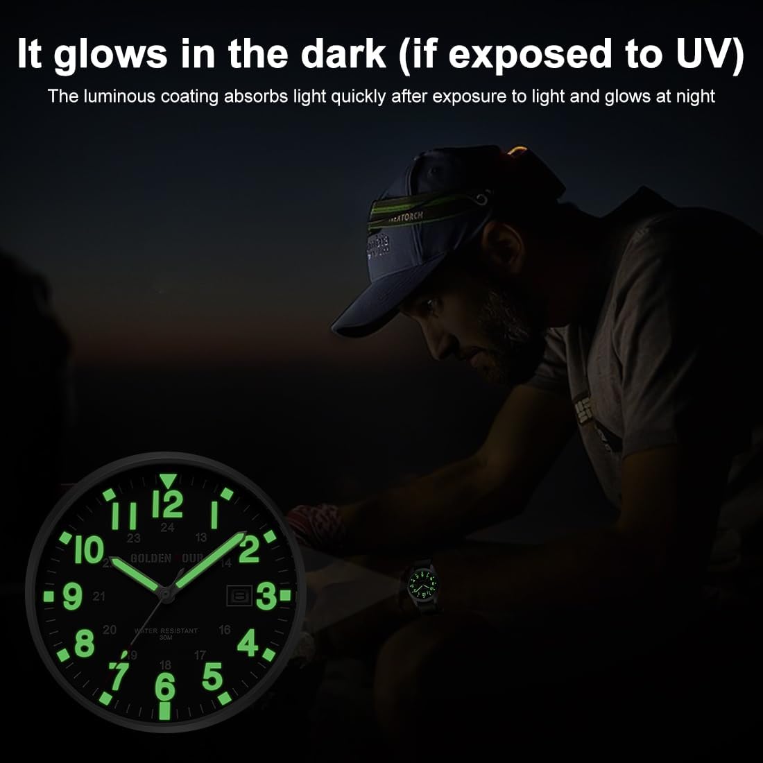 HOTGOLDEN HOUR Men's Nylon Slip-Thru Strap Watch with Military Time Easy Read Dial Glowing Hands