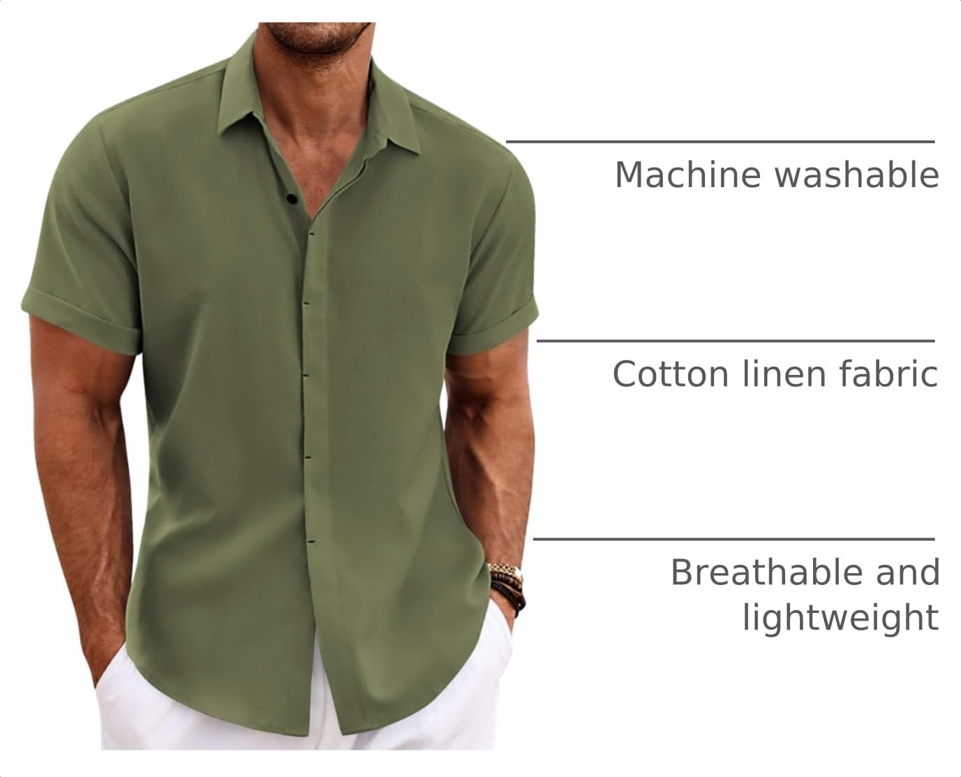 HOTCOOFANDY Men's Linen Shirts Short Sleeve Casual Shirts Button Down Shirt for Men Beach Summer Wedding Shirt