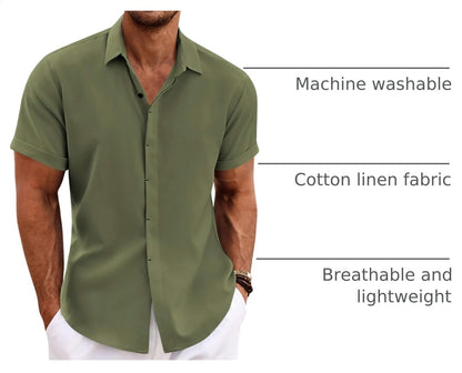 HOTCOOFANDY Men's Linen Shirts Short Sleeve Casual Shirts Button Down Shirt for Men Beach Summer Wedding Shirt