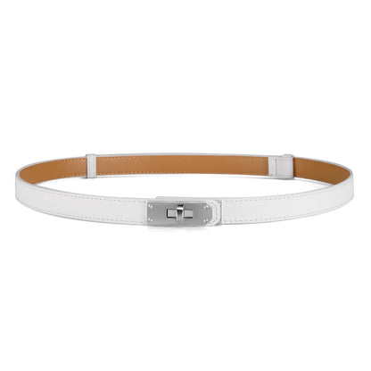 HOTWomen’s Skinny Leather Belt with Gold or Silver Turn-Lock Buckle – Adjustable Thin Belt for Dresses, Office & Wedding