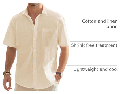 HOTJ.VER Mens Linen Shirt Short Sleeve Button Down Casual Summer Shirts | Cotton Linen, Untucked, Big Tall, from Beach Camp Vacation, Cruise Fishing, Work Office, to Wedding Party Family, with Pocket