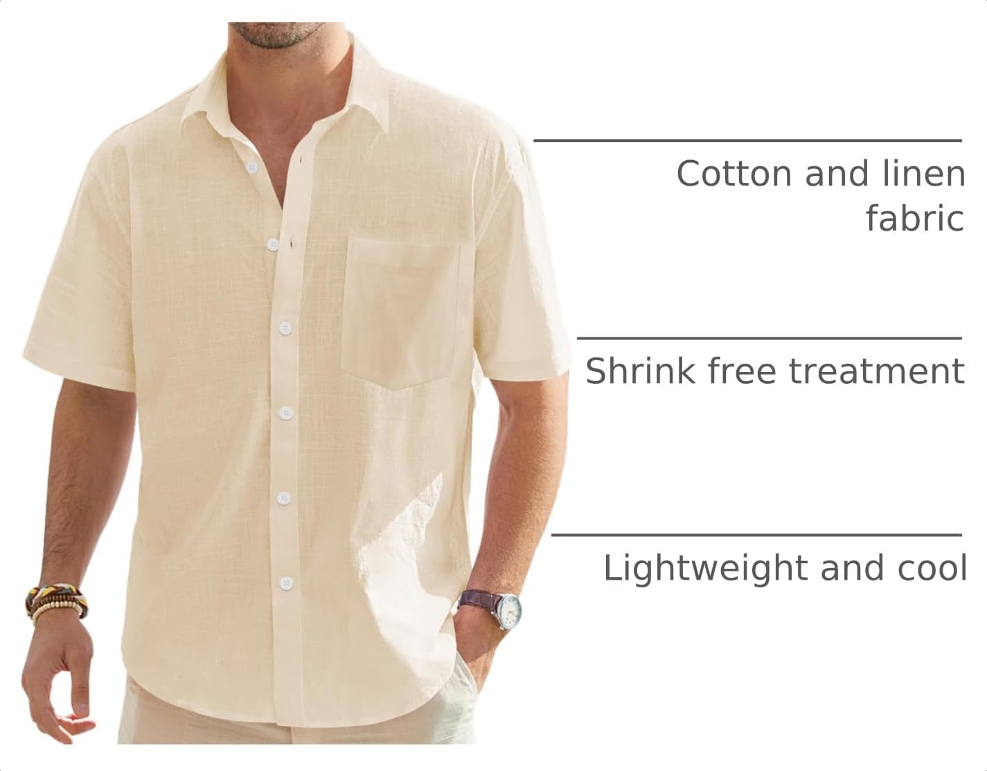 HOTJ.VER Mens Linen Shirt Short Sleeve Button Down Casual Summer Shirts | Cotton Linen, Untucked, Big Tall, from Beach Camp Vacation, Cruise Fishing, Work Office, to Wedding Party Family, with Pocket