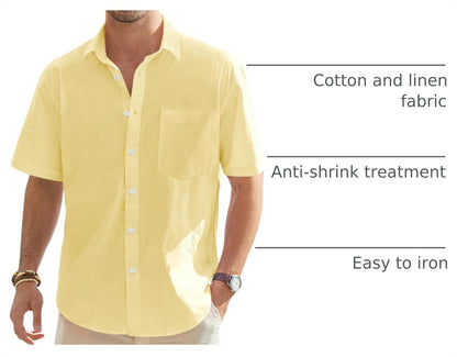 HOTJ.VER Mens Linen Shirt Short Sleeve Button Down Casual Summer Shirts | Cotton Linen, Untucked, Big Tall, from Beach Camp Vacation, Cruise Fishing, Work Office, to Wedding Party Family, with Pocket