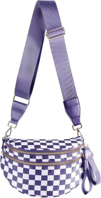 HOTBlack and White Checkered Crossbody Bag Bum Bag for Women,Spacious Checkered Purse Fanny Packs Belt Bag