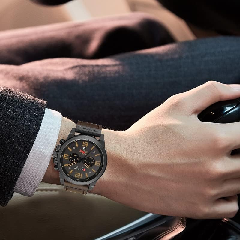 HOTFANMIS Mens Sport Military Analog Quartz Watch Classic Chronograph Sandwich Dial Business Dress Waterproof Watch Multifunctional Wristwatch with Leather Strap