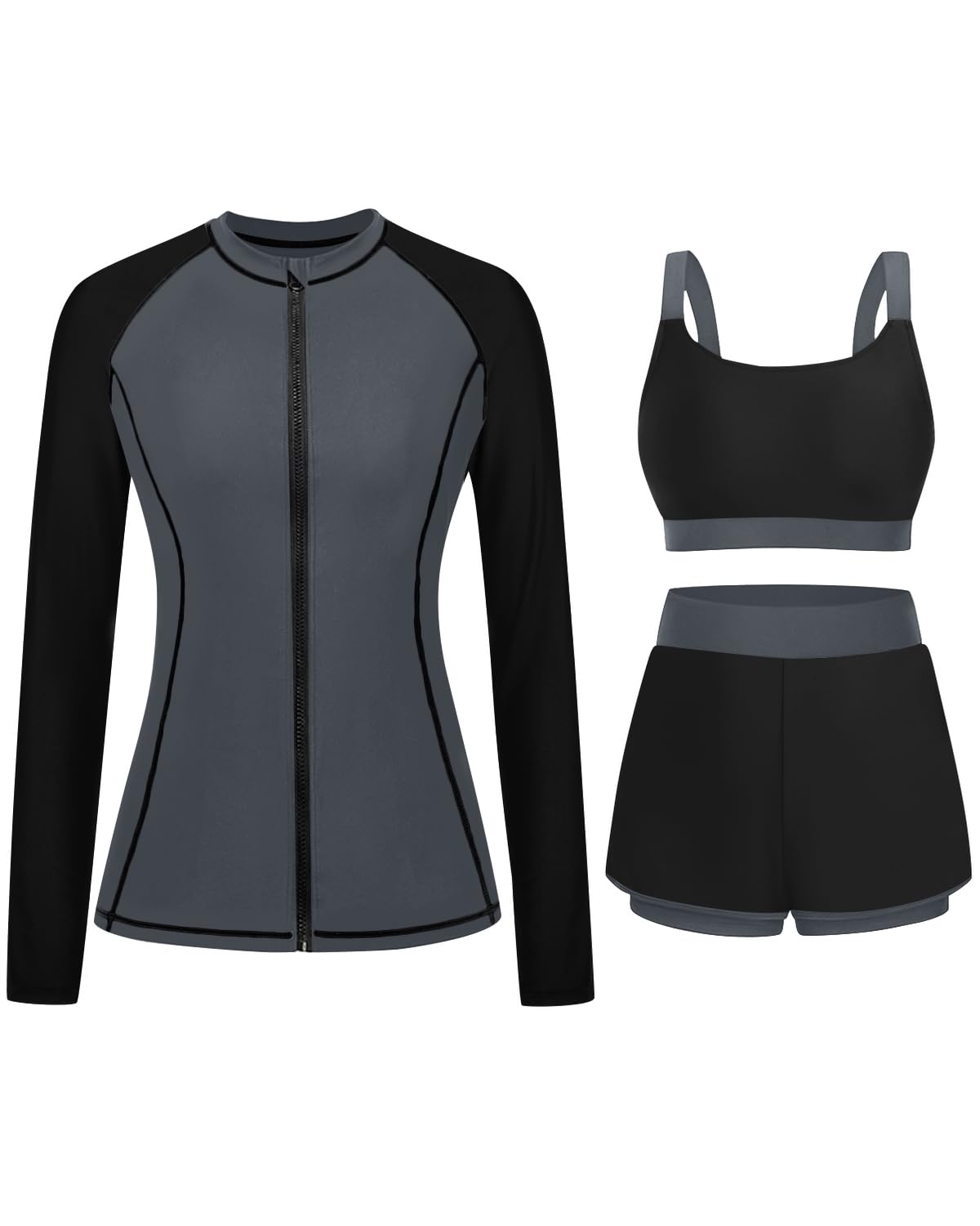 HOTDaci 3 Piece Rash Guard Set with 3'' Shorts | UPF 50+ Sun Protection, Long Sleeve Swim Shirt, High Rise, Built-in Bra, Removable Pads, for Beach, Pool, and Surfing