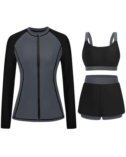 HOTDaci 3 Piece Rash Guard Set with 3'' Shorts | UPF 50+ Sun Protection, Long Sleeve Swim Shirt, High Rise, Built-in Bra, Removable Pads, for Beach, Pool, and Surfing