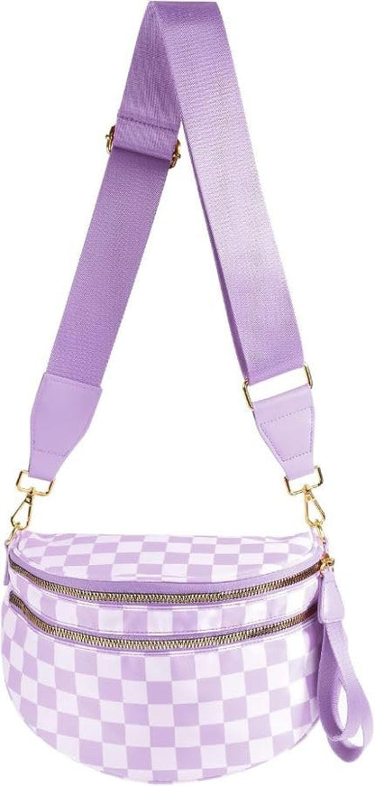 HOTBlack and White Checkered Crossbody Bag Bum Bag for Women,Spacious Checkered Purse Fanny Packs Belt Bag