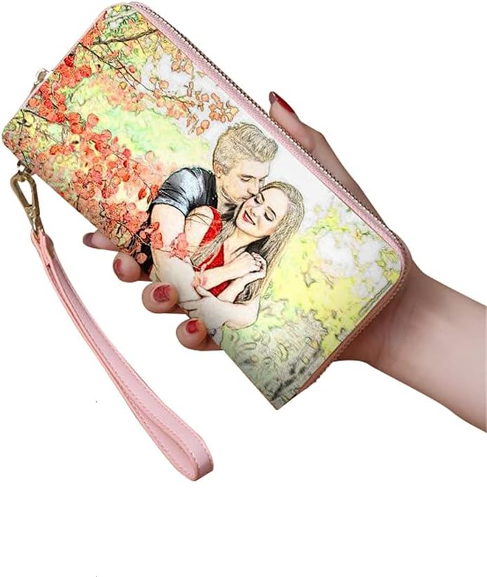HOTPersonalized Crayon Style Photo Women's Wallet Custom Fashion Phone bags Leather Wallet Christmas gifts(Pink Double Side)
