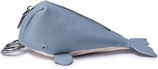 HOTWhale-Shaped Leather Coin Purse Keychain, Cute Animal Pouch for Coins, Keys & Cards, Mini Zippered Key Ring Holder Pendant (Blue)