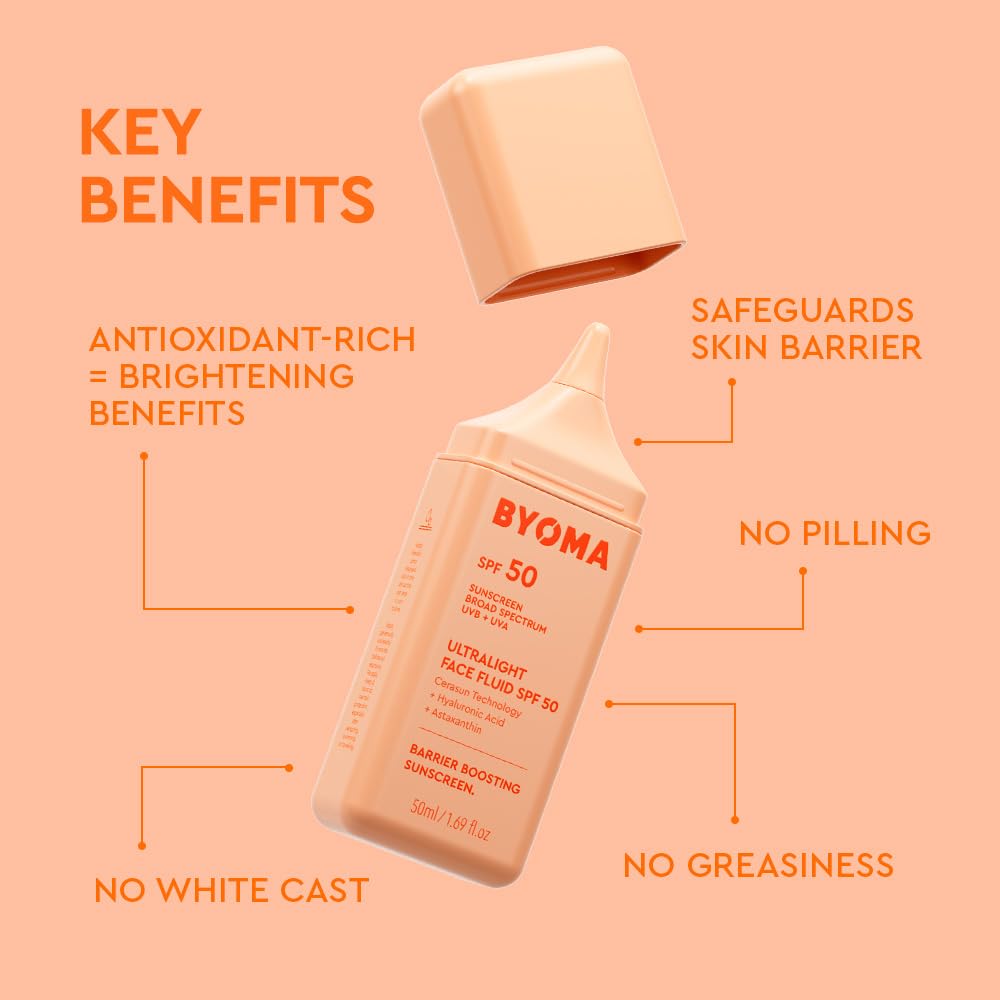 HOTBYOMA SPF 50 Face Fluid - Ultra-Lightweight Facial Sunscreen for All Skin Tones - Luminous Glow, No White Cast - SPF Moisturizer Strengthens Skin Barrier - 1.69 fl.oz