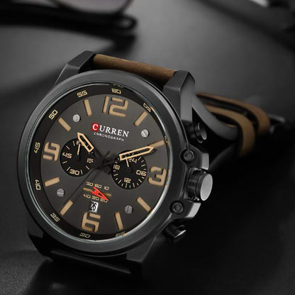 HOTFANMIS Mens Sport Military Analog Quartz Watch Classic Chronograph Sandwich Dial Business Dress Waterproof Watch Multifunctional Wristwatch with Leather Strap