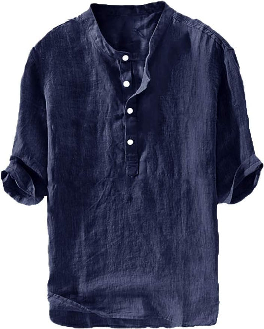HOTRyannology Mens Linen Shirts Casual Cotton 3/4 Sleeve Regular-Fit Henley T-Shirt Summer Lightweight Beach Yoga Tops