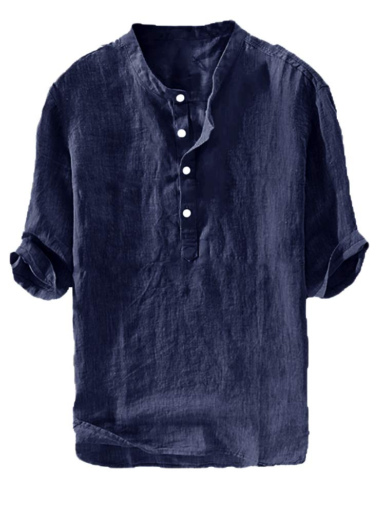 HOTRyannology Mens Linen Shirts Casual Cotton 3/4 Sleeve Regular-Fit Henley T-Shirt Summer Lightweight Beach Yoga Tops