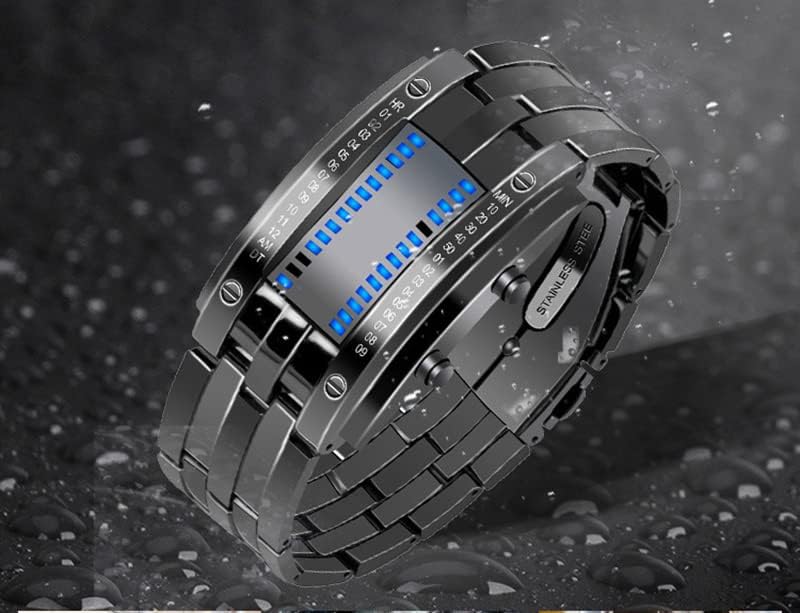HOTReginald Fashion Mens Binary Sports Watch Digital LED Matrix Waterproof Outdoor Casual Black Bracelet Blue Backlit Men's Square Watch