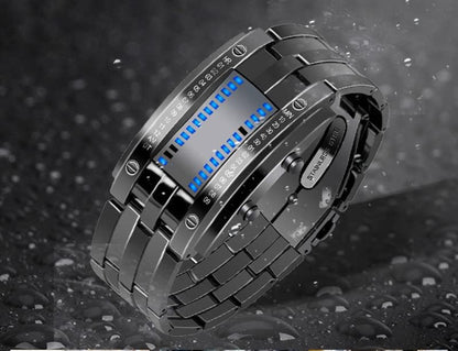HOTReginald Fashion Mens Binary Sports Watch Digital LED Matrix Waterproof Outdoor Casual Black Bracelet Blue Backlit Men's Square Watch