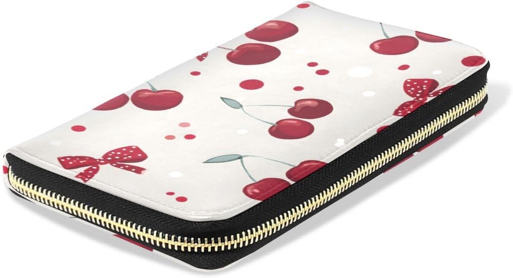 HOTBolaz Long Wallets Leather Bifold Wallet for Women Red Cherry Polka Dot with Zipper Credit Card Holder Large Capacity