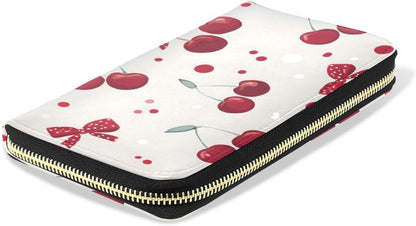 HOTBolaz Long Wallets Leather Bifold Wallet for Women Red Cherry Polka Dot with Zipper Credit Card Holder Large Capacity