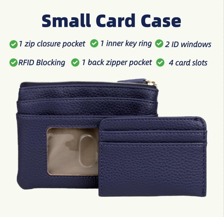 HOTJulia Buxton Vegan Leather Wallet with Zipper, ID Windows, RFID Blocking, Card Slots & Key Ring, Compact Coin & Card Holder Case, Gift Idea, True Blue