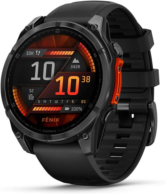HOTGarmin fēnix® 8 – 47mm, AMOLED, Premium Multisport GPS Smartwatch, Long-Lasting Battery Life, Dive-Rated, Built-in LED Flashlight, Slate Gray with Black Band | LED Flashlight, Dive-Rated, Speaker and Mic, 32GB, Slate Gray and Black Band