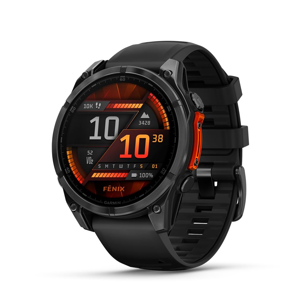 HOTGarmin fēnix® 8 – 47 mm, AMOLED, Sapphire, Premium Multisport GPS Smartwatch, Long-Lasting Battery Life, Dive-Rated, Built-in LED Flashlight, Titanium with Spark Orange/Graphite Band | Sapphire Lens, Titanium Bezel, Spark Orange and Graphite Silicone B