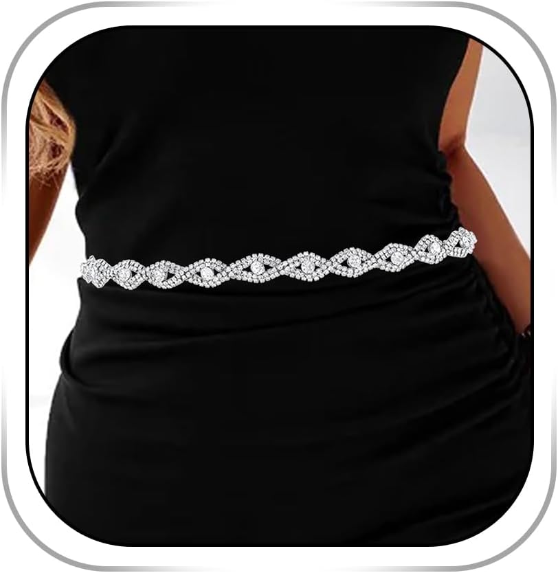 HOTAbien Rhinestone Belts for Women Silver Chain Belt Crystal Waist Belt Sparkle Thin Belts for Dresses
