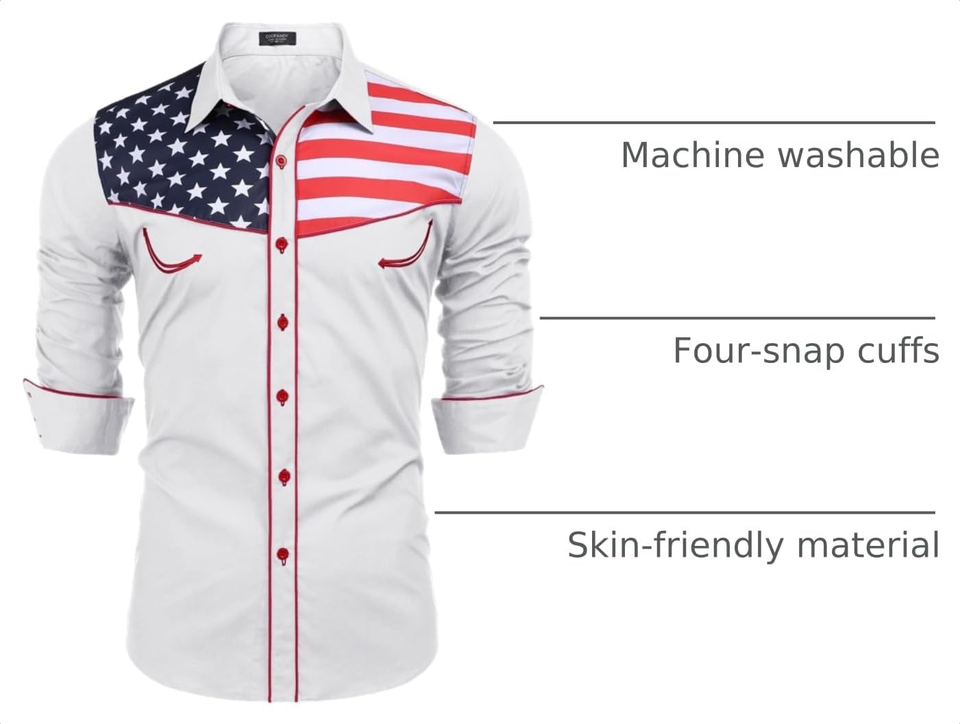 HOTCOOFANDY Men's American Flag Button Down Shirts Western Cowboy Shirt Slim Fit Patriotic Long Sleeve Shirt