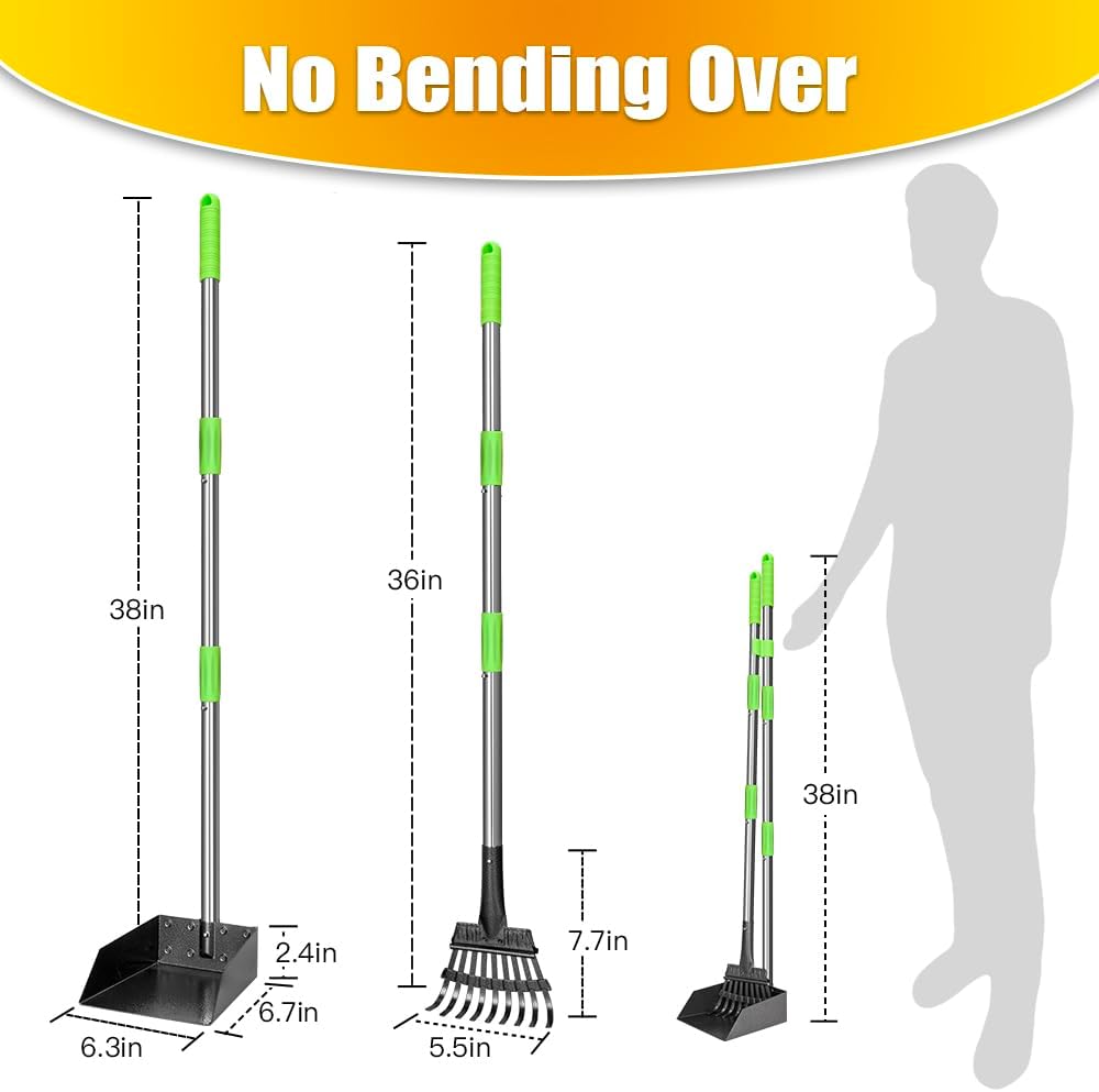 HOTTOOGE Pooper Scooper, Dog Pooper Scooper Long Handle Stainless Metal Tray and Rake for Medium Small Dogs Heavy Duty Pet Supplies to Use for Grass, Dirt or Gravel