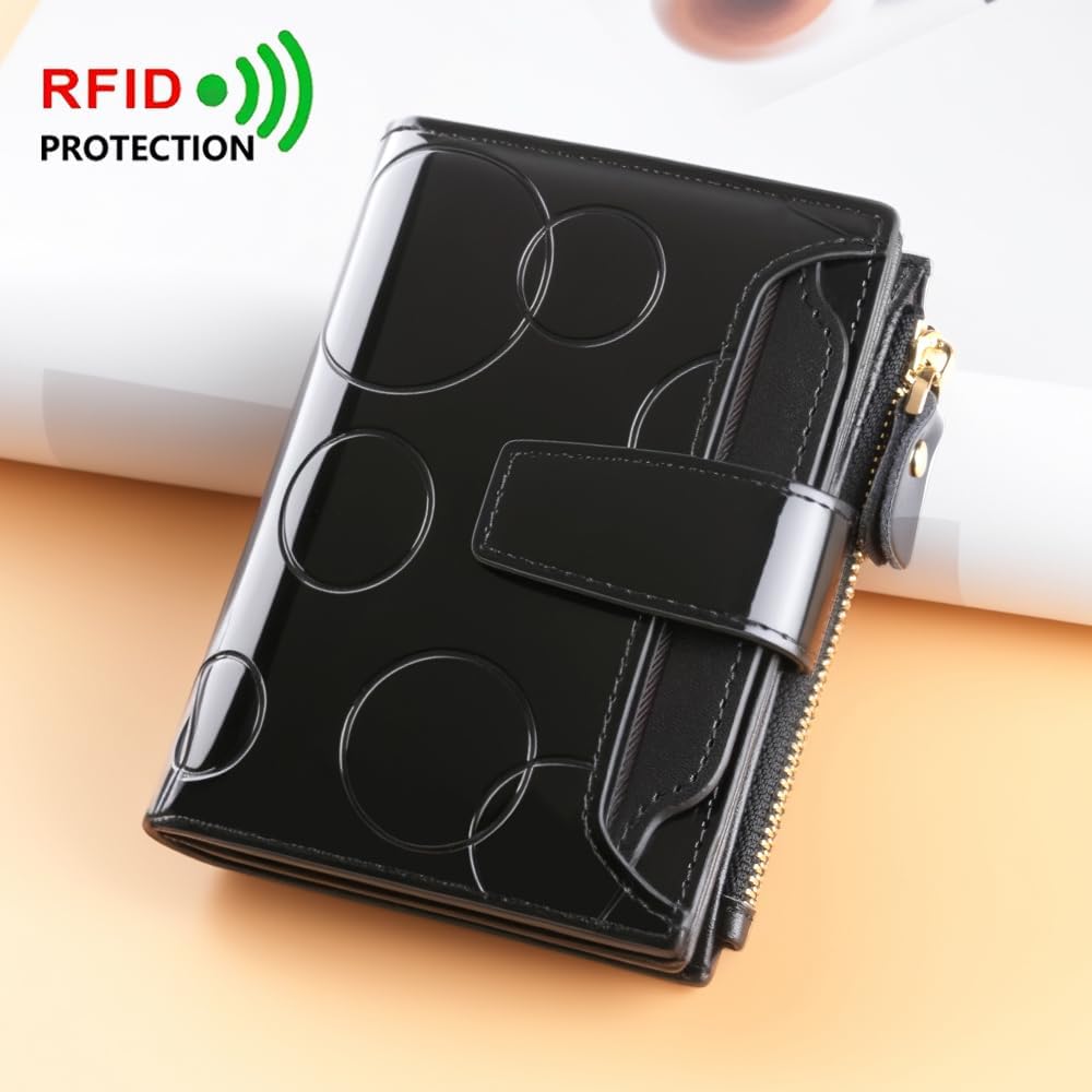 HOTNoble and elegant women's leather wallet, sequins, detachable ID card holder, short three fold style, zipper and snap closure, RFID shielding to protect credit cards, foldable wallet (Black)