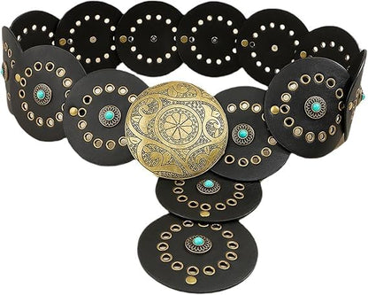 HOTWide Vintage PU-Leather Western-Disc-Concho-Belt Women Boho Cowgirl-Belt