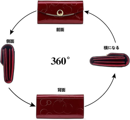 HOTWallet Women's Genuine Leather Long Three Fold Wallet Bright Leather Large Capacity Buckle, Circled Embossed Pattern, RFID and Magnetic Anti Theft (Wine Red)