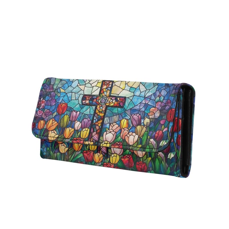 HOTNorth Cardinals Bird Women Wallet Long Trifold Checkbook Wallets with Zipper Pocket, Mosaic Art Birds Flowers Credit Card Holder PU Leather Billfold Wallet Purse