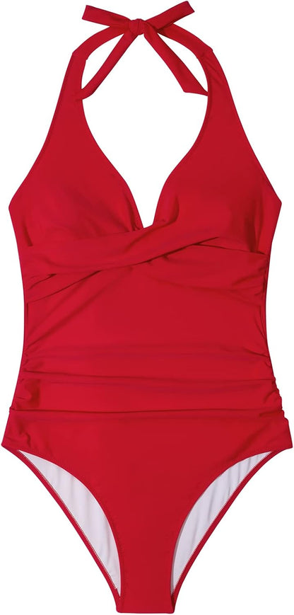 HOTSUUKSESS Women Sexy Tummy Control One Piece Swimsuits Halter Push Up Bathing Suits